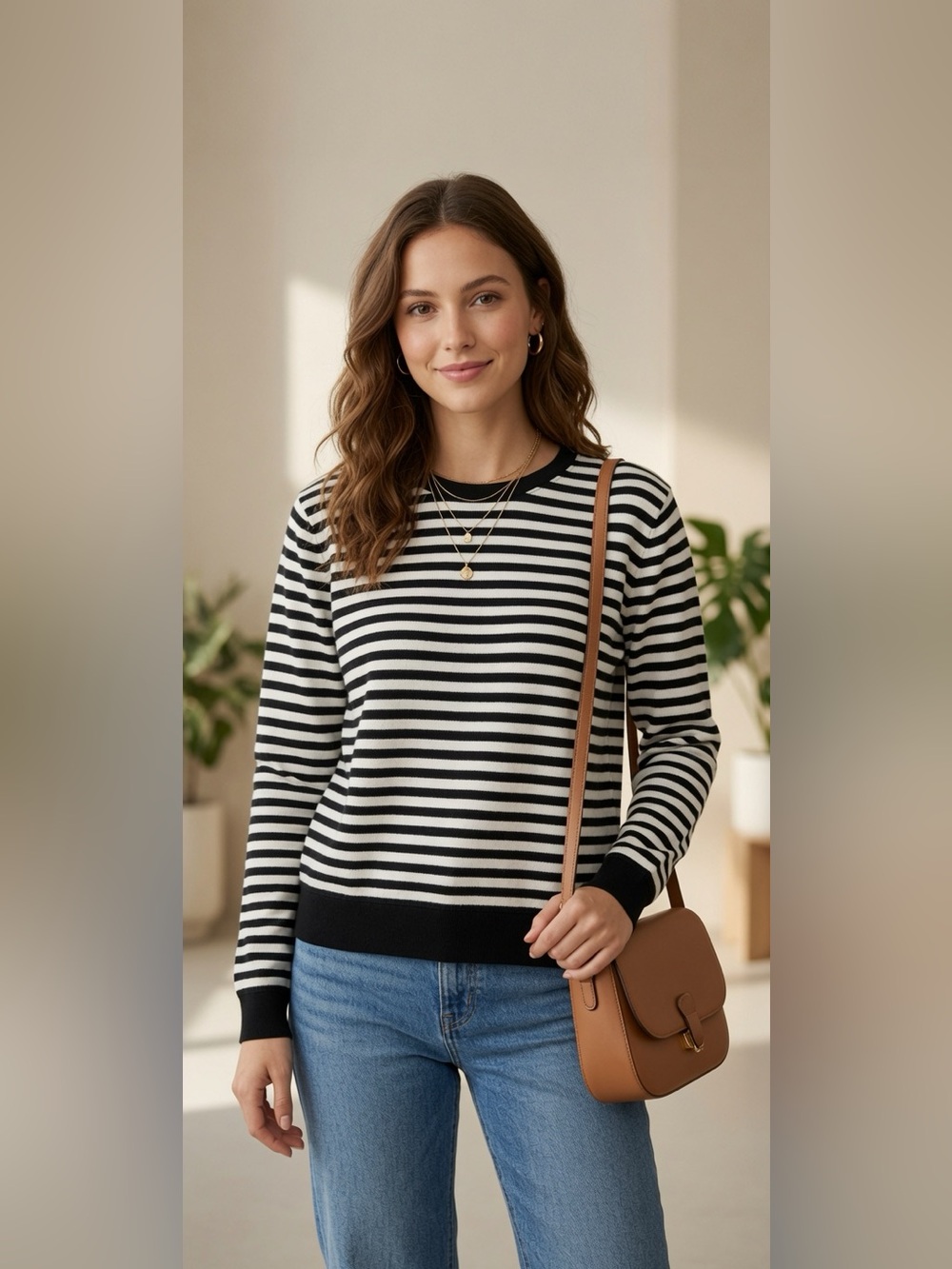 Lucky Brand Size S Black & White Striped Everyday Crewneck Sweater